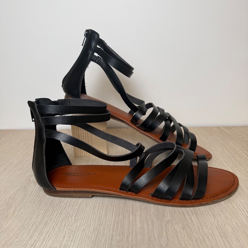 American Eagle Black Strappy Gladiator Sandals Back Zip Flat Shoes Womens 11